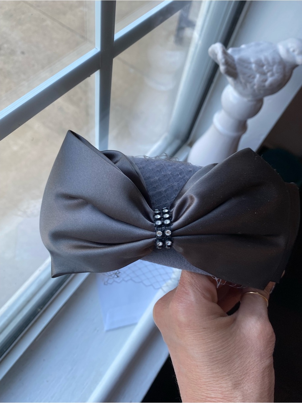 Vintage Elegant Gray Satin Bow pillbox hat with Rhinestone Accent